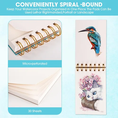 Miniatura 3 de Bloc de papel de acuarela de 3.5 x 5.5 pulgadas, pequeño cuaderno de bocetos de acuarela de 140 libras/10.58 oz, 30 hojas encuadernadas en espiral