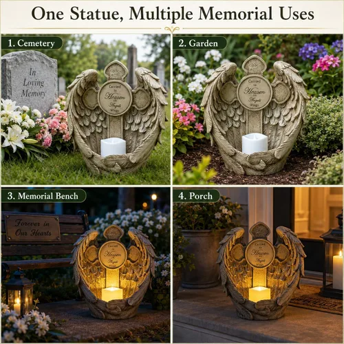 Miniatura 4 de Estatua conmemorativa de alas de ángel solar con vela LED y cruz, decoración de tumbas de resina resistente a la intemperie para cementerio, regalos