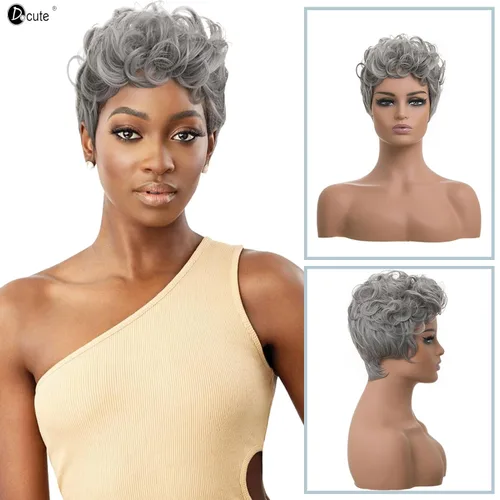 Miniatura 7 de DOcute Peluca gris para personas negras, corte pixie con flequillo, peluca rizada corta para mujeres negras, peluca rizada esponjosa para mujeres