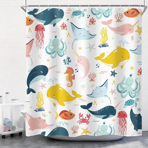 Miniatura 13 de Riyidecor Ocean - Cortina de ducha para niños, 60 pulgadas de ancho x 72 pulgadas de alto, diseño de ballena, dibujos animados, animales, delfín