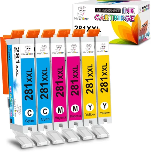 Miss Deer CLI-281XXL Paquete de 6 colores de tinta compatible con cartuchos de tinta Canon 281, funciona para Canon Pixma TS6120 TS8120 TR7520