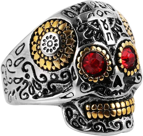 HZMAN Anillos de calavera de azúcar geniales para hombres y mujeres, con ojos de circonia cúbica, acero inoxidable, Día de los Muertos, joyería de