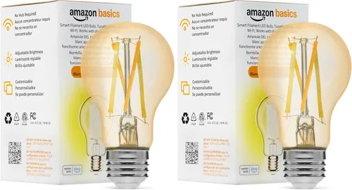 Miniatura 7 de Amazon Basics Bombilla LED de filamento inteligente A19, blanco sintonizable, Wi-Fi de 2.4 GHz, funciona solo con Alexa, paquete de 1