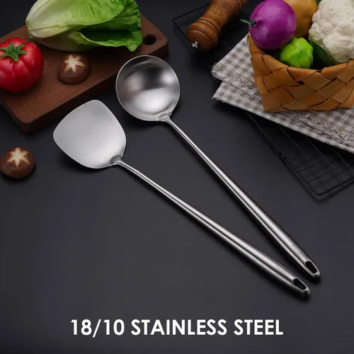 Miniatura 6 de Espátula y cucharón de 17 pulgadas, juego de herramientas de wok de acero inoxidable 304, 2 herramientas de cocina de mango extra largo, utensilios