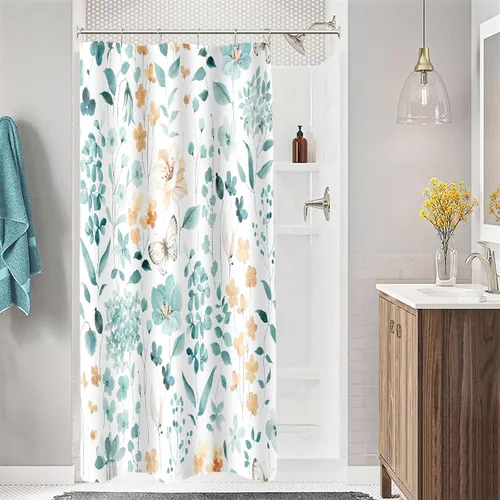 Miniatura 46 de MAYZUS Cortina de ducha con flores azules acuáticas, lindas cortinas de tela con flores para baño, juego de cortinas de tela de aguamarina