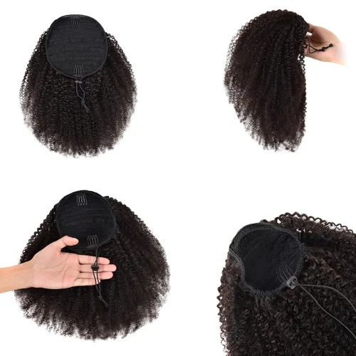 Miniatura 7 de Cola de caballo de cabello humano afro para mujeres negras, con cordón, 150 % de densidad, cabello virgen rizado 10A, extensiones de cabello 4C