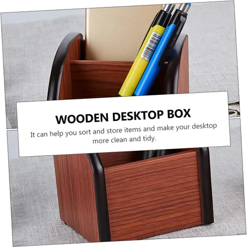 Miniatura 5 de STOBOK Soporte para bolígrafo de madera para escritorio, caja de bolígrafos de madera, organizador de escritorio multiusos, soporte de lápiz