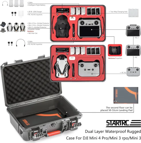 Miniatura 5 de STARTRC Mini 4 Pro Funda de transporte dura impermeable para DJI Mini 3 Pro/3 accesorios, estuche de viaje para Fly More Combo de doble capa Gris