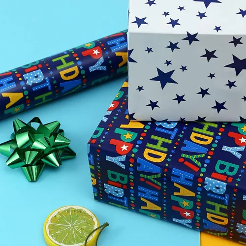 Miniatura 8 de AUCLAY Papel de regalo reversible de cumpleaños para niños, niñas, adultos, baby shower, vacaciones, diseño colorido de letras y estrellas de feliz