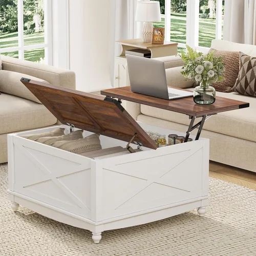 Miniatura 13 de ALLSTAND Mesa de centro elevable de 31.5 pulgadas con almacenamiento, mesas de centro de granja para sala de estar, mesa de centro cuadrada con gran