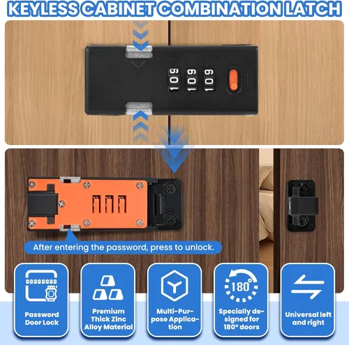 Miniatura 7 de Cerradura de gabinete sin llave prémium con código de combinación, cerradura de 3 dígitos para cajones, puerta de armario plegable y puerta de doble