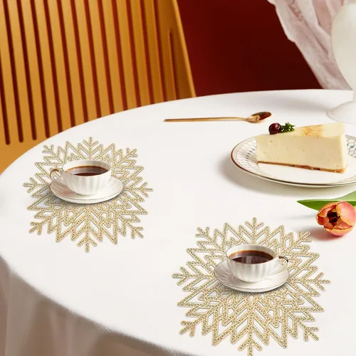 Miniatura 6 de Juegos de manteles individuales de copo de nieve de 12, manteles de mesa dorados calados resistentes al calor para Navidad, Acción de Gracias, bodas