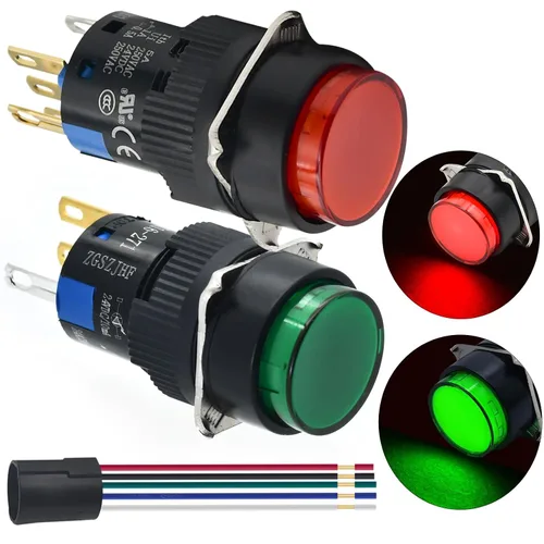 Interruptor de botón pulsador de 0.630 in, 0.63 pulgadas, certificación UL redondo con luz LED de 24 V CC, 1 NC, SPDT, 5 pines con enchufe de Verde