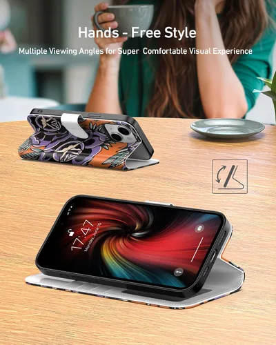 Miniatura 3 de DEENAKIN Funda tipo cartera para iPhone 15 con tarjetero + clip para efectivo, bloqueo RFID, protección contra caídas de grado militar y obras