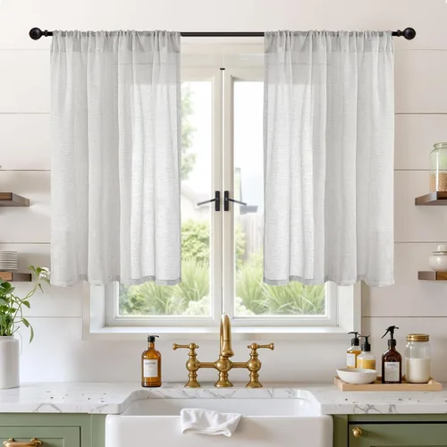 Miniatura 83 de BGment Cortinas de lino café de 30 pulgadas de largo para ventana pequeña, cortinas de media ventana beige semitransparentes ligeras con bolsillo