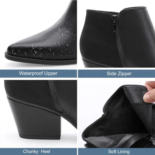 Miniatura 4 de CentroPoint Botines de cuero con tacón de bloque para mujer, puntera puntiaguda, con cremallera lateral