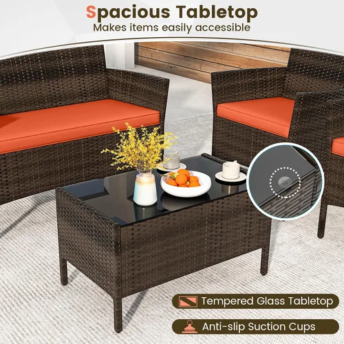 Miniatura 4 de DORTALA Juego de muebles de mimbre para patio, 4 piezas, mesa y sillas de ratán de polietileno para exteriores con mesa de centro de vidrio Naranja