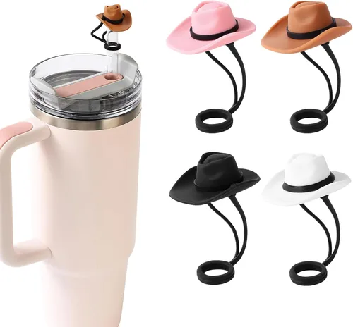 HOMDSG Paquete de 4 cubiertas de pajita de sombrero de vaquero de silicona compatibles con la taza Stanley de 30 y 40 oz, lindo accesorio divertido