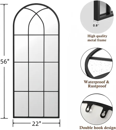 Miniatura 2 de Espejo de longitud completa, 56x22", espejo grande arqueado, espejos de cuerpo completo de panel de ventana negro para pared, espejos de pie
