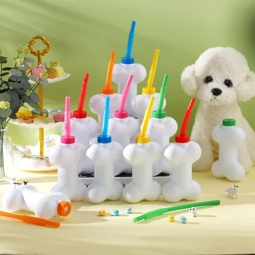Miniatura 4 de Eaasty Juego de 24 tazas de hueso de perro con pajitas y tapas, de plástico de 10 onzas, reutilizables, con forma de hueso de perro, para niños