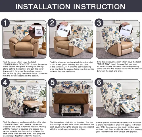 Miniatura 7 de NILUOH Funda para sillón reclinable, 4 piezas, elástica, estampada, con bolsillo lateral, funda para sofá reclinable, antideslizante, ajustable, 16