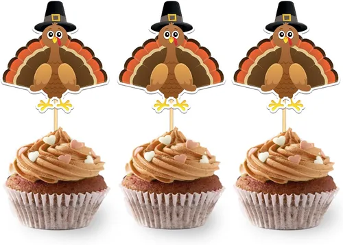 Miniatura 15 de 24 adornos de otoño para cupcakes para decoración del día de Acción de Gracias, lazo con purpurina para pasteles Thankful Blessed Grateful