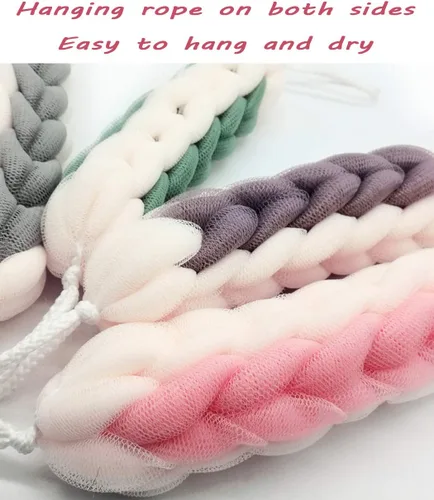 Miniatura 8 de AARAINBOW Paquete de 2 esponjas de espalda elásticas largas mejoradas con asas de cuerda, esponja de malla para baño, ducha, esponja exfoliante