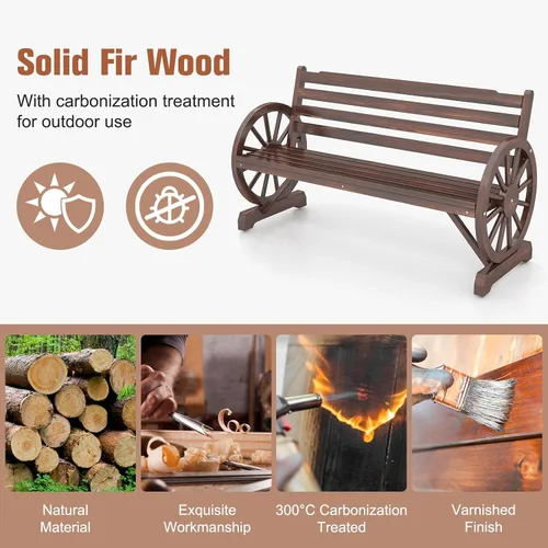 Miniatura 8 de KINTNESS Banco de ruedas de madera rústico para exteriores, muebles de patio para 3 personas con respaldo para patio trasero