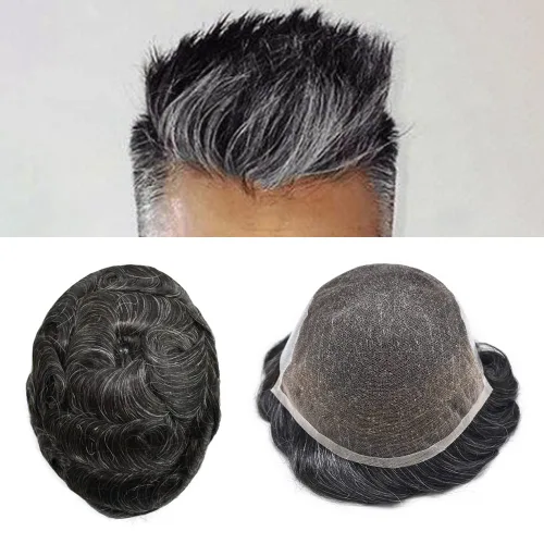 Miniatura 27 de Sistema de cabello tipo tupé para hombre, con encaje frontal suizo, para hombres, sistema de reemplazo de cabello humano real, nudo blanqueado