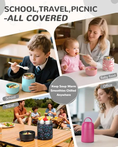 Miniatura 7 de Termo de Sopa de 10 oz para Comida Caliente para Niños, Frasco de Comida Aislado con Cuchara de Boca Ancha, Contenedor de Almuerzo de Acero Negro