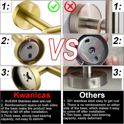 Miniatura 5 de Ganchos para toallas para baños, gancho de toallas de oro cepillado para cocina y baño, gancho de acero inoxidable SUS304, ganchos dobles