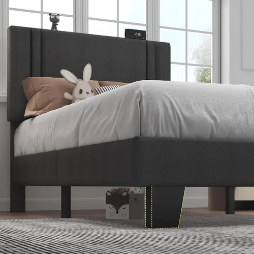 Miniatura 5 de Feonase - Base de cama de tamaño individual con plataforma tapizada, base de cama tapizada con respaldo abatible, listones de madera maciza y Gris