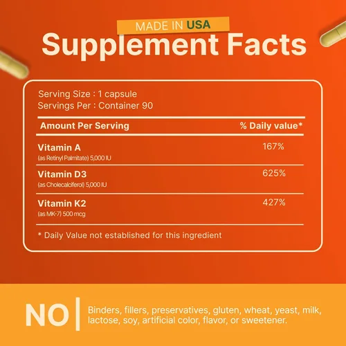 Miniatura 7 de INVITA, Suplemento vitamínico ADK – 90 cápsulas – Alta potencia de vitamina A, D3 5000 UI y K2-MK7 – Médico formulado para apoyo óseo, corazón e