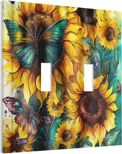 Miniatura 2 de Girasoles Amarillos Verde Azulado Mariposa Cubierta de Interruptor de Luz de Doble Palanca Decorativa Placa de Pared de 2 Gang Rústica Botánica