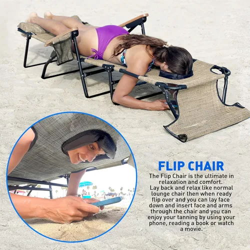 Miniatura 3 de EasyGo Product FLIP - Tumbona para patio, orificios para cara y brazos, 4 patas, material textileno, 6 posiciones, almohada reclinable