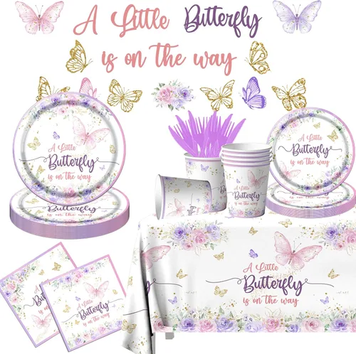 Juego de vajilla de mariposa para baby shower, con diseño de mariposa con texto en inglés «A Little Butterfly Is On Her Way» (Una pequeña mariposa