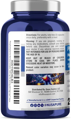 Miniatura 3 de NusaPure Fosfatidilserina Memory Ultimate Complex 1000mg 200 Cápsulas Vegetarianas (Vegano, Sin OGM)