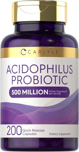 Carlyle Acidophilus Cápsulas probióticas para mujeres y hombres | 500 millones de UFC | 200 píldoras | Suplemento Lactobacillus | Sin OMG y sin