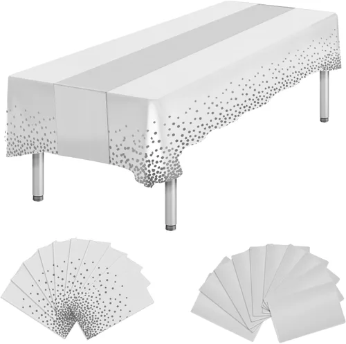 Miniatura 12 de Paquete de 10 manteles rectangulares de plástico y camino de mesa de satén, mantel desechable negro rectangular y dorado para cumpleaños