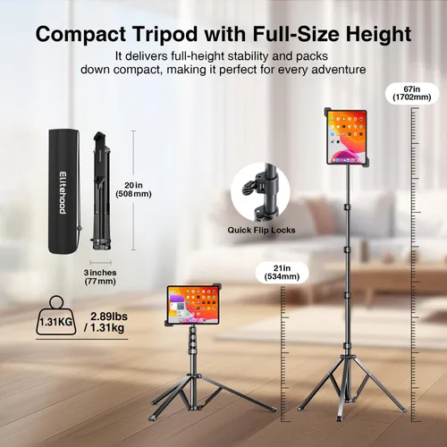 Miniatura 4 de elitehood Trípode de aluminio resistente para tableta, soporte de trípode ajustable para iPad con inclinación giratoria de 360 grados, soporte