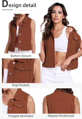 Miniatura 30 de Xeoxarel Chaleco de mezclilla para mujer, chaqueta vaquera sin mangas (XS-XXL)