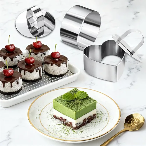 Miniatura 7 de Anillos para tartas de cocina, moldes de mousse de postre de acero inoxidable con empujador para hacer postres (4 piezas)