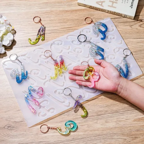 Miniatura 6 de LET'S RESIN Molde grande del alfabeto con agujero, moldes de resina de letras del alfabeto invertido de silicona con 30 anillos de salto, 30