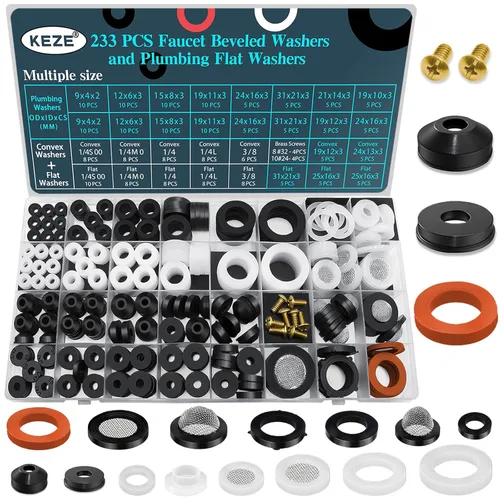 KEZE Kit surtido de 233 piezas de arandelas de plomería y grifería para reparación de grifos de jardín exteriores, llaves de manguera, divisores,