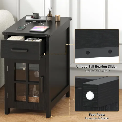Miniatura 5 de VVFLU Mesa auxiliar estilo granja con estación de carga y 1 gabinete de almacenamiento, 1 cajón, mesita de noche de madera negra estrecha, mesa