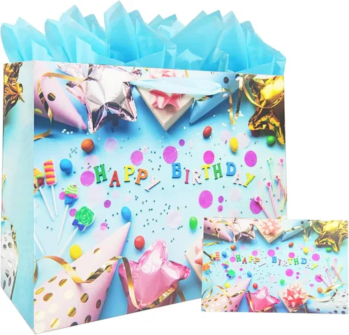 LivebyCare Bolsas grandes de regalo de cumpleaños de 13 pulgadas con papel de seda y tarjeta, perfectas para bolsas de regalo para bebés, niños,