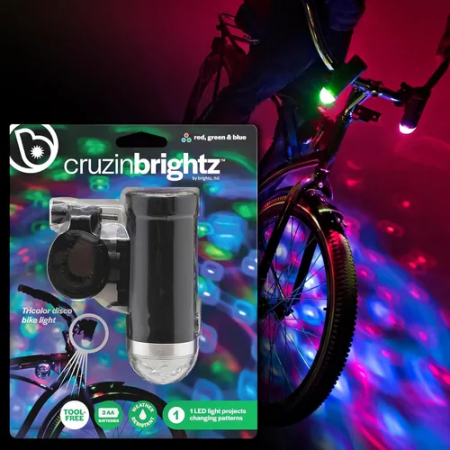 Brightz CruzinBrightz - Luz LED de bicicleta para fiesta disco, tricolor, patrones de colores parpadeantes y giratorios, luz de bicicleta para