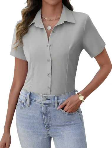 Miniatura 7 de Zeagoo Camisas de vestir de manga corta con botones para mujer, blusas básicas de trabajo con cuello de negocios