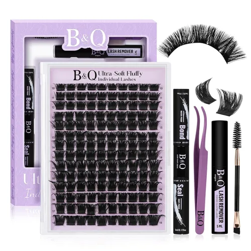Miniatura 12 de Kit de racimos de pestañas esponjosas B&Q 280 piezas, extensiones de pestañas en racimos ultrasuaves, racimos de pestañas de volumen 70+90D 10-18mm