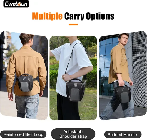 Miniatura 9 de Cwatcun Bolsa bandolera para cámara, pequeña, compacta, resistente al agua, para fotografía, compatible con Canon/Nikon/Sony, compartimento